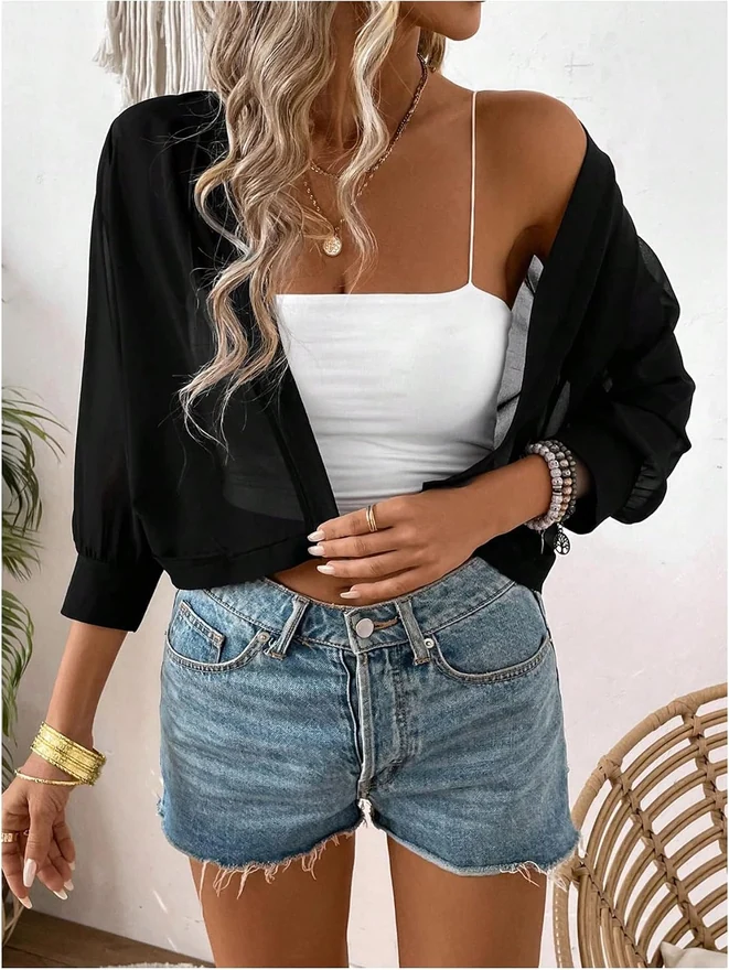 3/4 Sleeve Open Front Sheer Cropped Cardigans by OYOANGLE, photograph 4 of 4