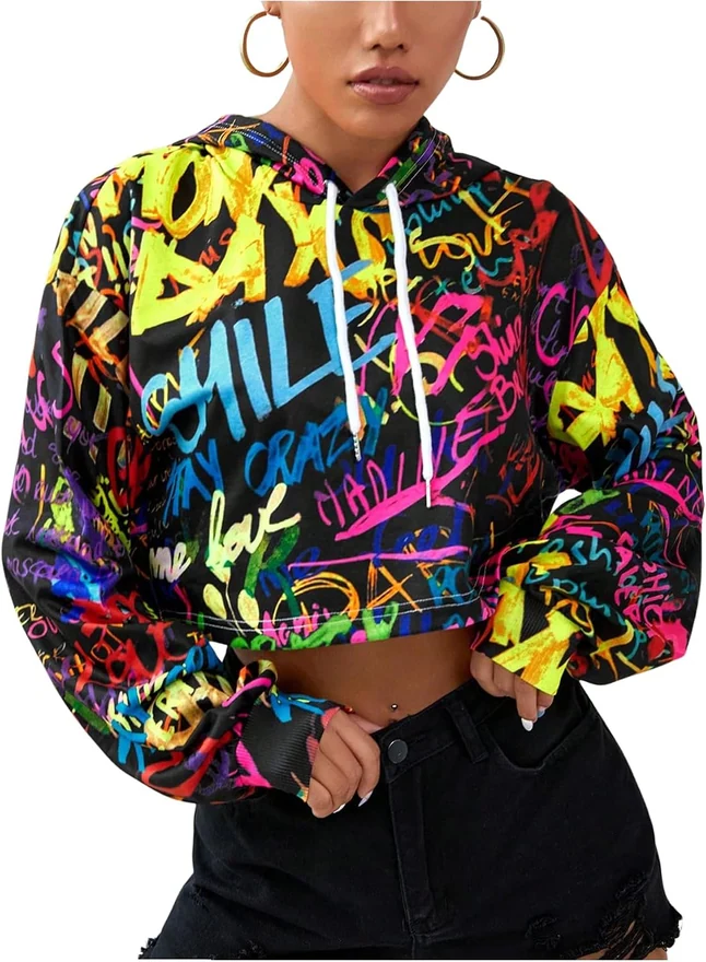 Crop Hoodie Long Sleeve Graffiti Print Hooded Sweatshirt by OYOANGLE