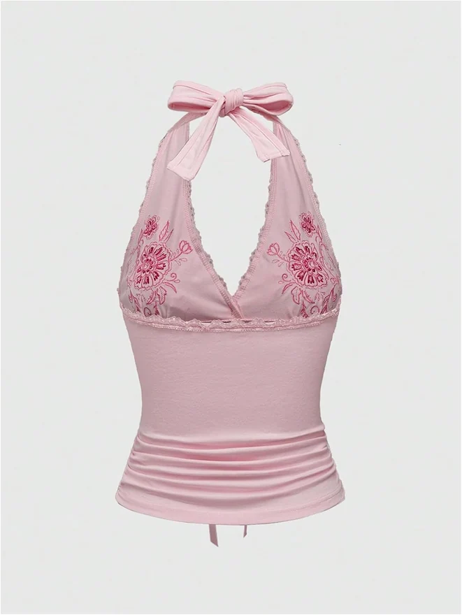 Y2k Halter Tops Floral Embroidery Going Out Top Pink by OYOANGLE