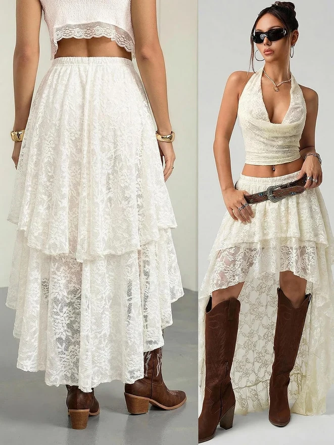 Maxi Skirt Summer Y2K Lace Ruffle Asymmetrical Rave Outfit by OYOANGLE