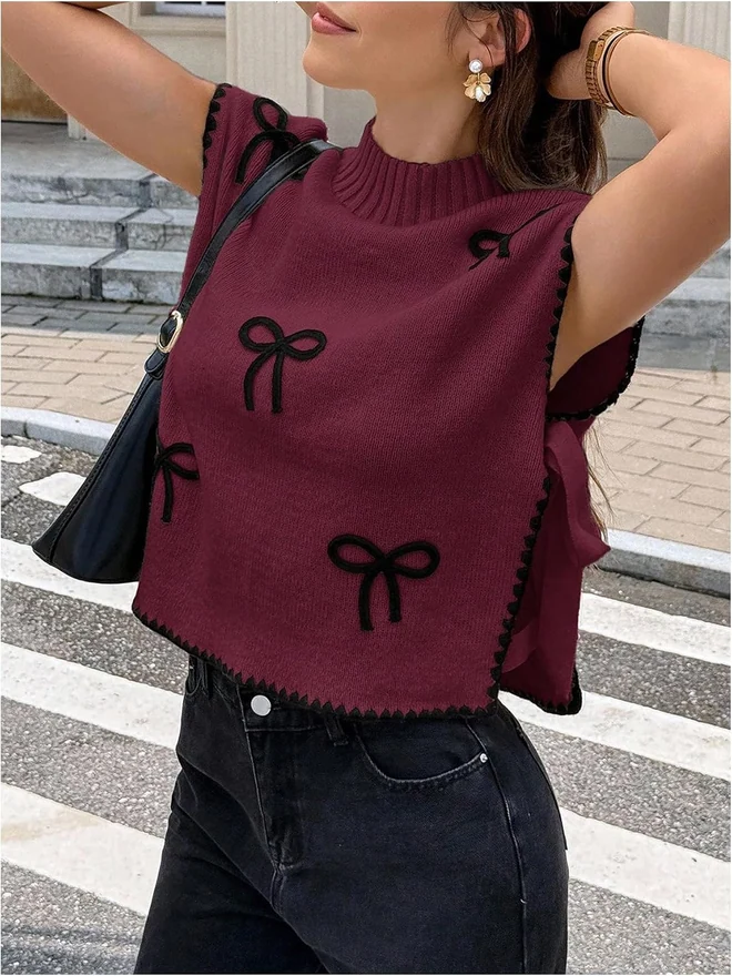Bow Short Sleeve Sweater Side Tie Knit Pullover Top by OYOANGLE, photograph 4 of 4