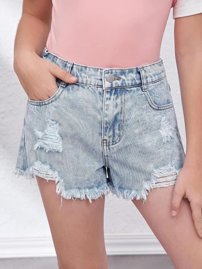 Girl's Cute Ripped Denim Shorts Raw Hem Jeans Shorts for Teen by OYOANGLE, photograph 3 of 4