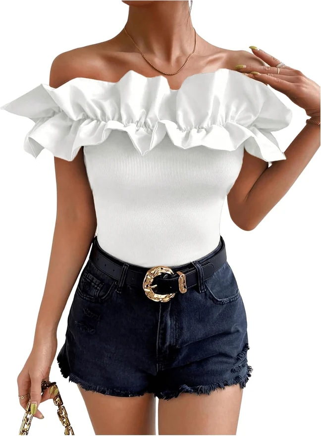 Ruffle Trim Off Shoulder Short Sleeve Blouse Tops Shirt by OYOANGLE, photograph 3 of 4