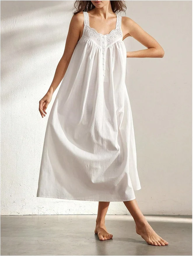 Nightgowns for Women Sleeveless Eyelet Dress Long House Dress by OYOANGLE, photograph 2 of 3