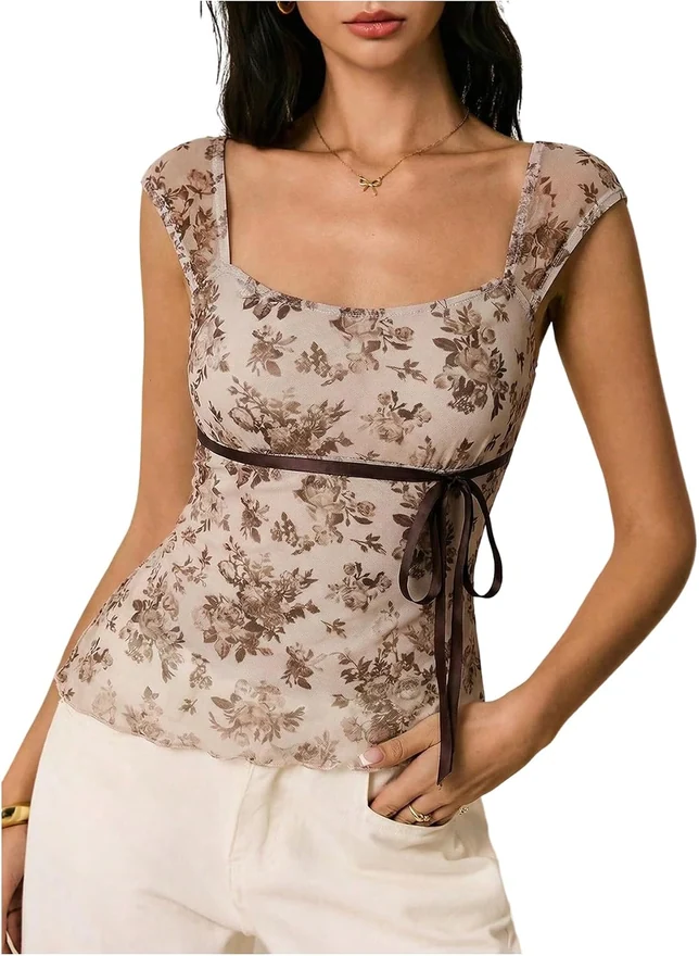 Floral Print Tie Front Tank Top Square Neck Asymmetrical Hem by OYOANGLE