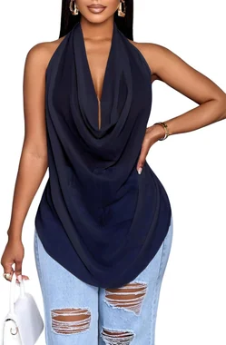 Cowl Neck Halter Tops for Women Backless See Through Draped Top in Dark Blue