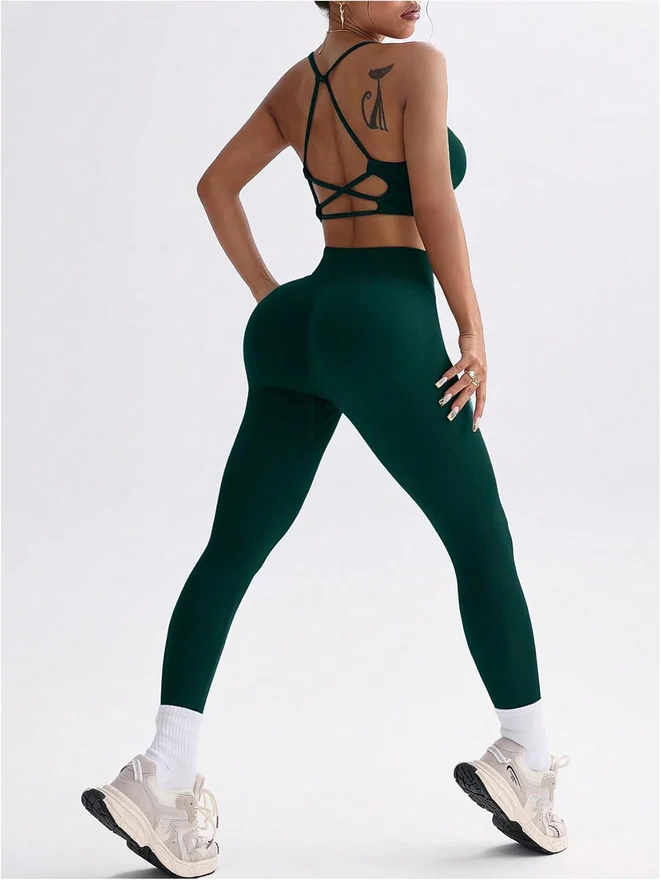 Workout Sets 2 Piece Cross Back Sports Bra Tank Top Gym Outfits by OYOANGLE