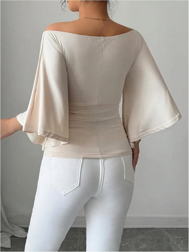 Batwing Bell Sleeve Tops Off The Shoulder T Shirts Apricot by OYOANGLE, photograph 3 of 4