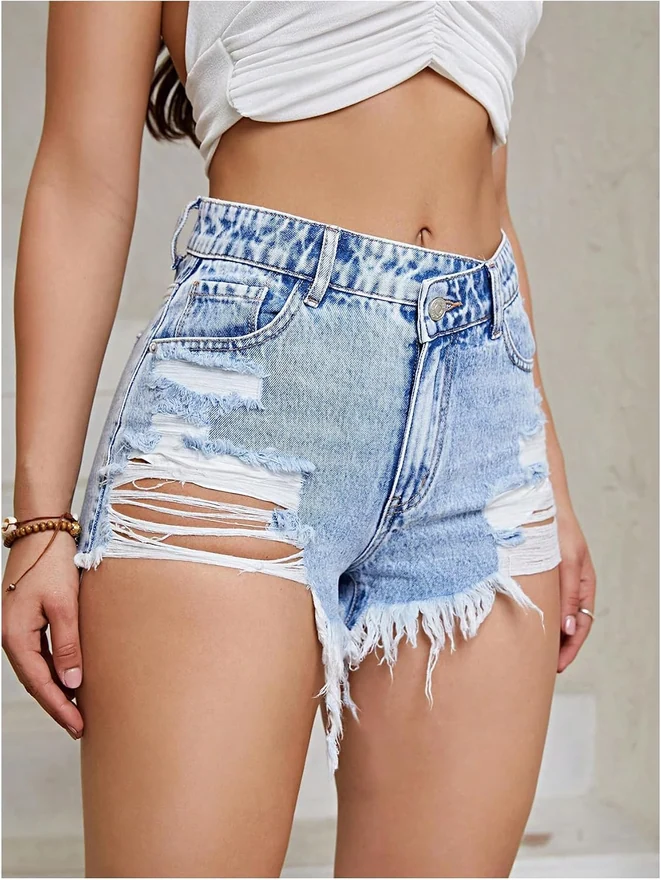 Casual Ripped Jean Shorts Distressed Denim Shorts by OYOANGLE, photograph 4 of 4