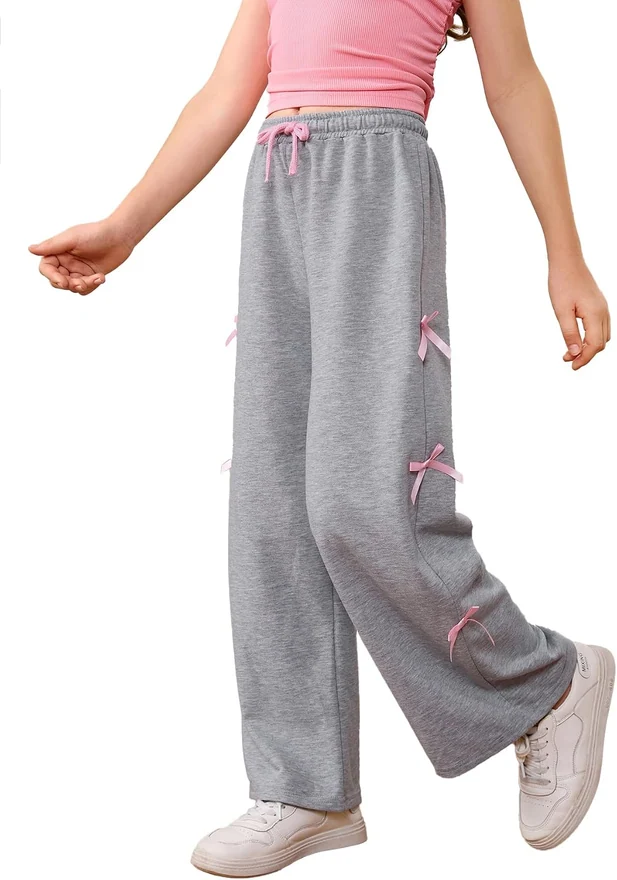 Girl's Drawstring Waist Bow Sweatpants Y2K Wide Leg Trousers by OYOANGLE