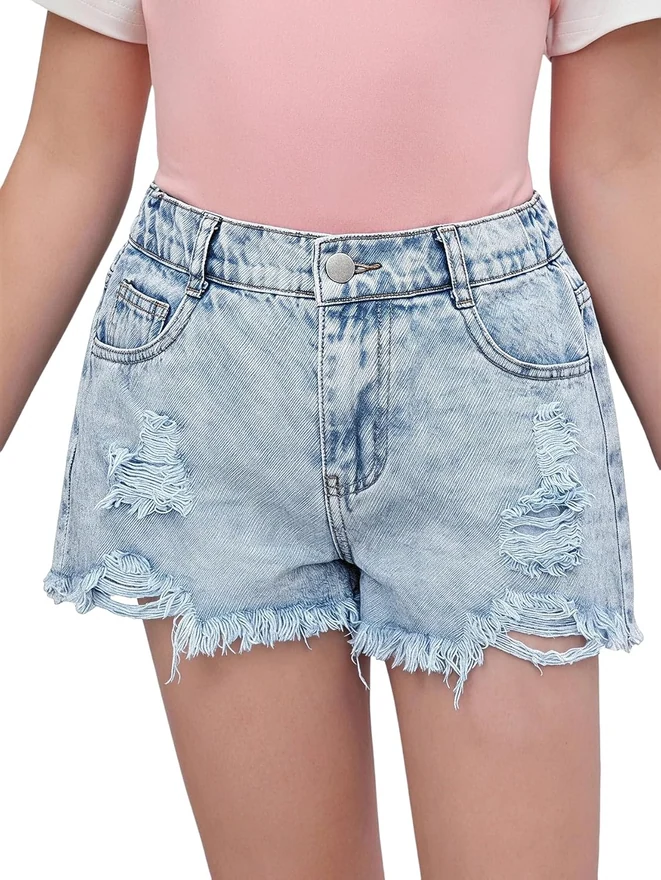 Girl's Cute Ripped Denim Shorts Raw Hem Jeans Shorts for Teen by OYOANGLE