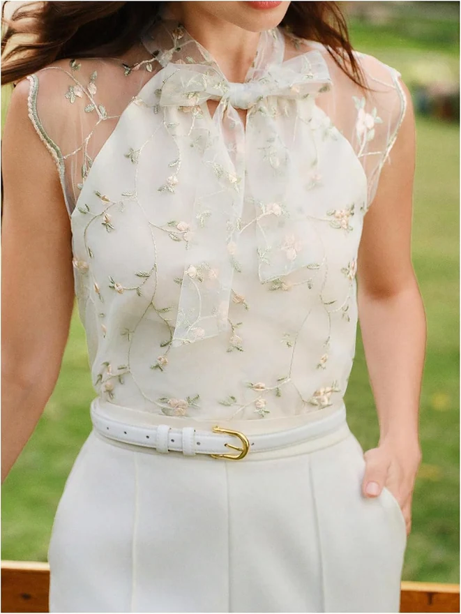 Floral Embroidery Sheer Mesh Blouse Bow Tie Neck Tops by OYOANGLE, photograph 3 of 4