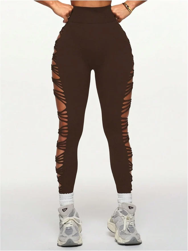 Y2k Ripped High Waist Seamless Leggings Coffee Brown by OYOANGLE, photograph 4 of 4