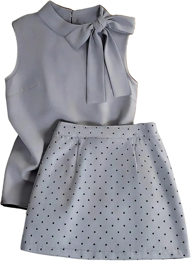 2 Piece Skirt Set Bow Tie Sleeveless Blouse and Polka Dots Mini by OYOANGLE