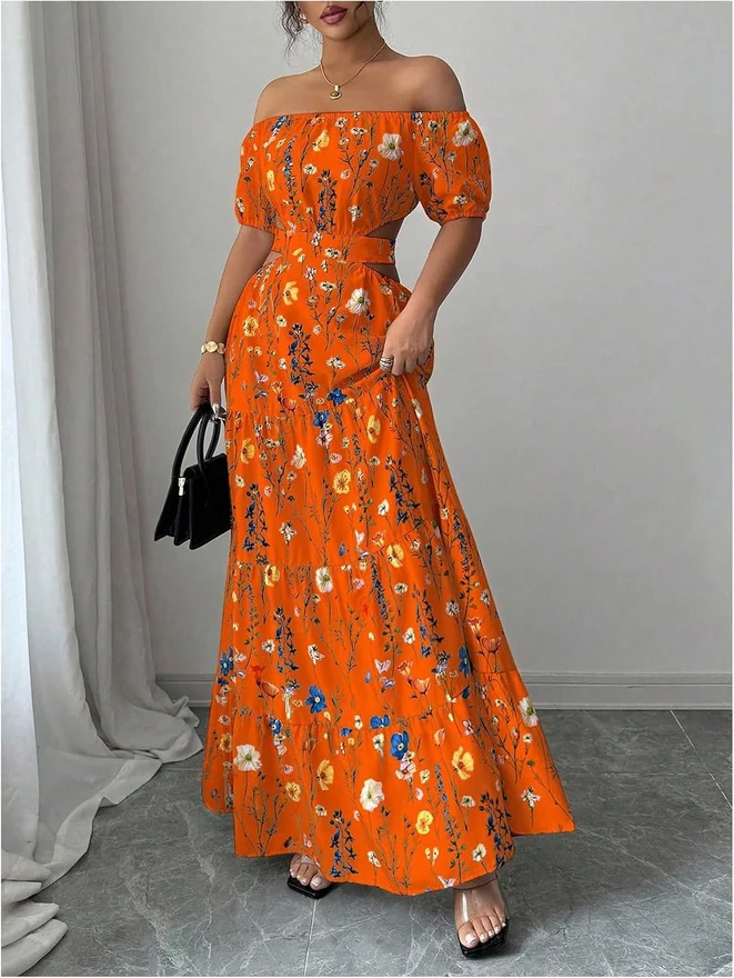 Floral Print Off the Shoulder Short Sleeve Boho Maxi Dress Cut by OYOANGLE, photograph 3 of 3
