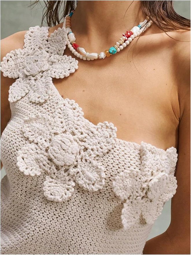 Crochet One Shoulder Sweater Vest 3D Floral Asymmetrical Knit by OYOANGLE, photograph 4 of 4