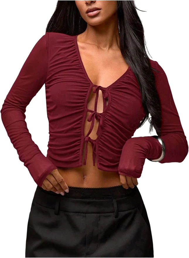 Tie Front Long Sleeve Shirt Y2k Crop Top Cut Out Fitted Mesh by OYOANGLE