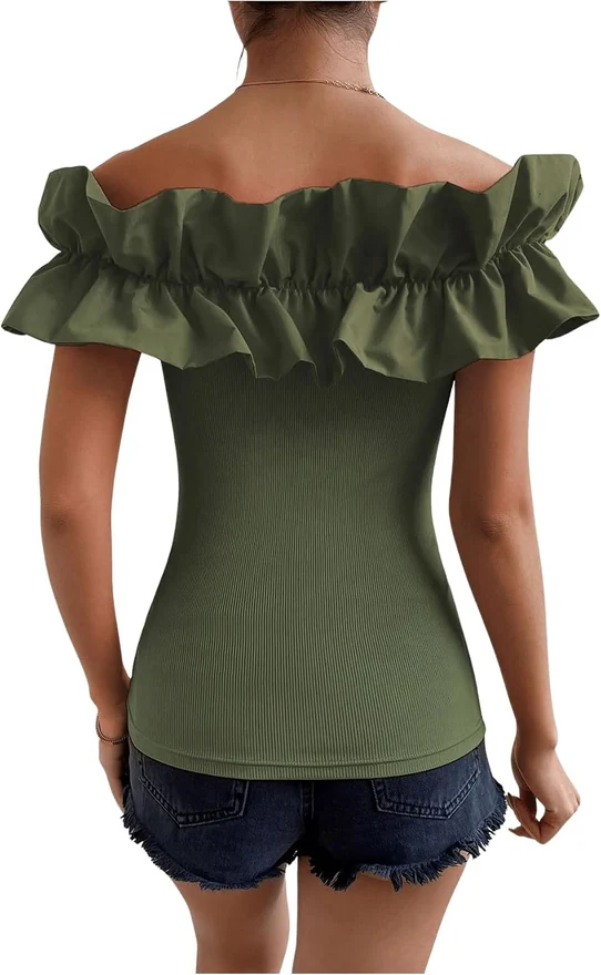 Ruffle Trim Off Shoulder Short Sleeve Blouse Tops Shirt by OYOANGLE, photograph 2 of 4