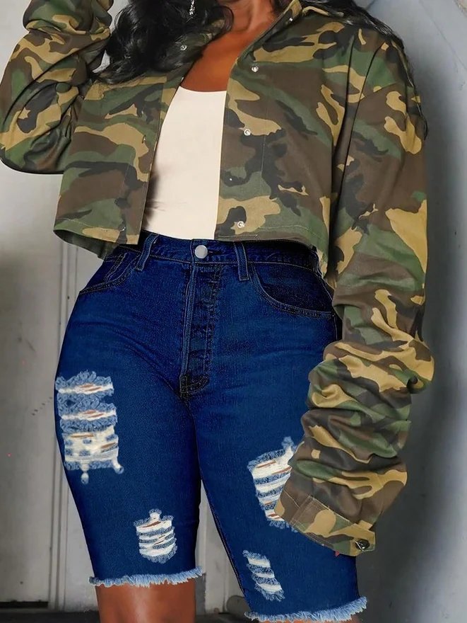 Ripped Cutout Y2K Skinny Shorts Zipper Fly Frayed Hem Denim by OYOANGLE, photograph 4 of 4