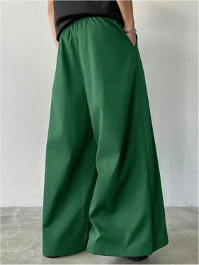 Baggy Dress Pants Wide Leg Pleated Loose Work Trousers Black in Dark Green