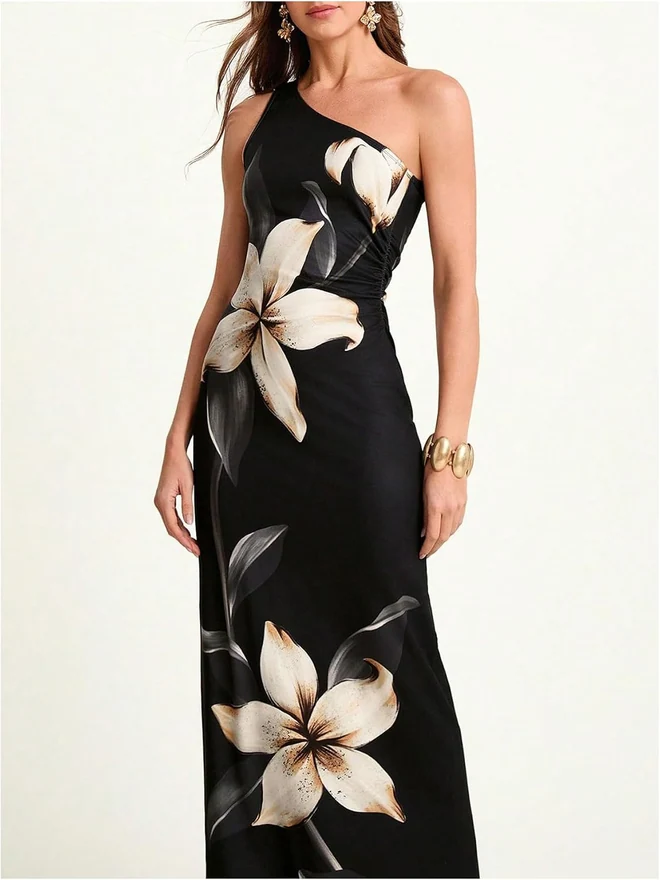 One Shoulder Off Floral Wedding Guest Party Long Maxi Dress by OYOANGLE, photograph 2 of 3
