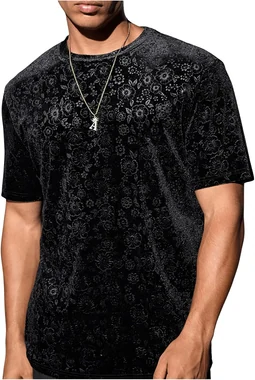 Velvet Crew Neck T Shirt Floral Sparkle Short Sleeve Shirt in Black