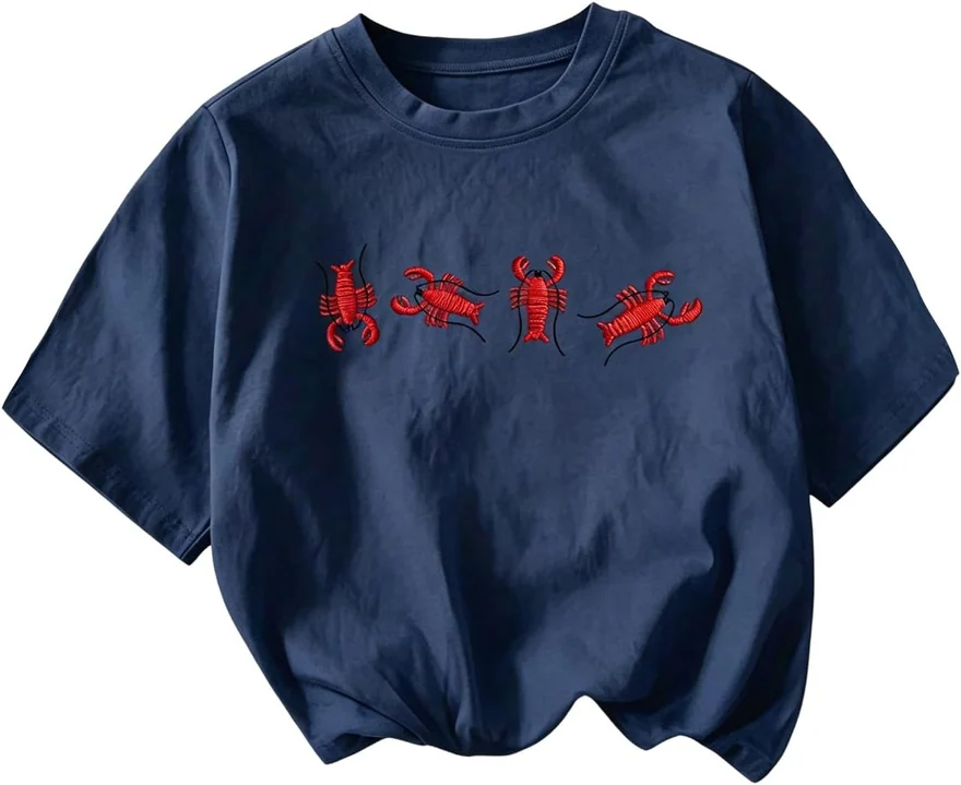 Lobster Embroidery Crew Neck Short Sleeve T Shirt Multicolor by OYOANGLE