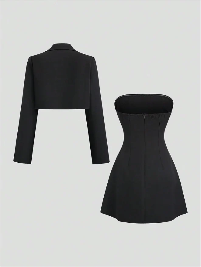 2 Piece Set Strapless A Line Mini Dress Long Sleeve Blazer by OYOANGLE, photograph 3 of 4