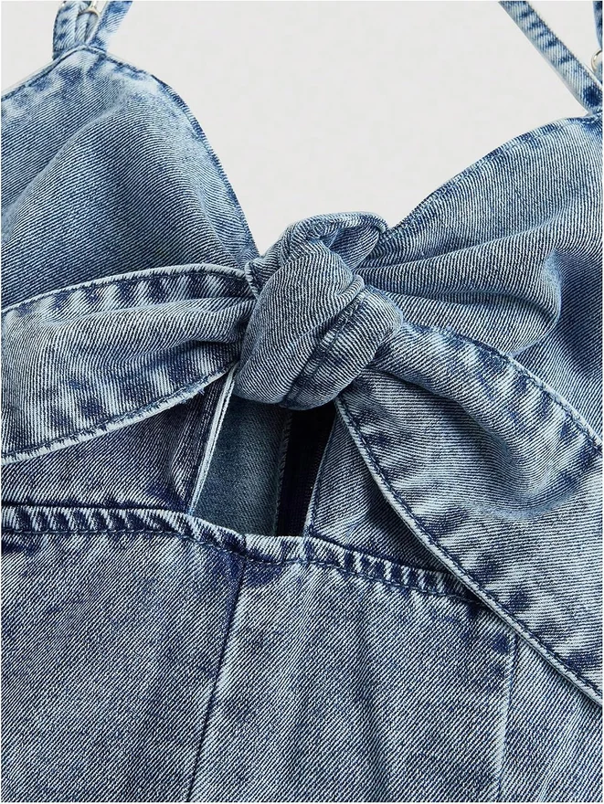 Vintage Bowknot Spaghetti Strap Denim Romper Jean Dress by OYOANGLE, photograph 3 of 4