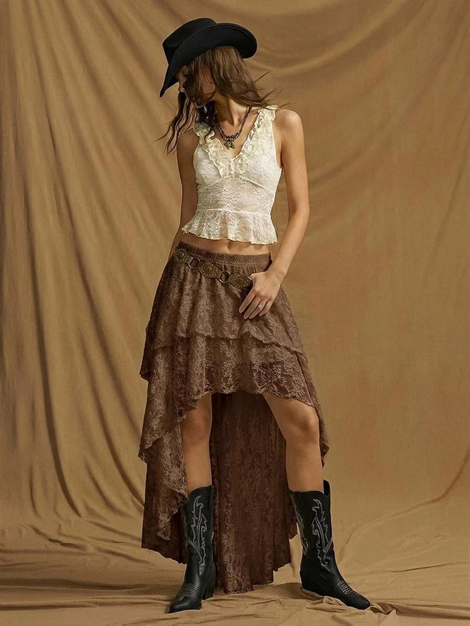 Maxi Skirt Summer Y2K Lace Ruffle Asymmetrical Rave Outfit by OYOANGLE, photograph 3 of 3