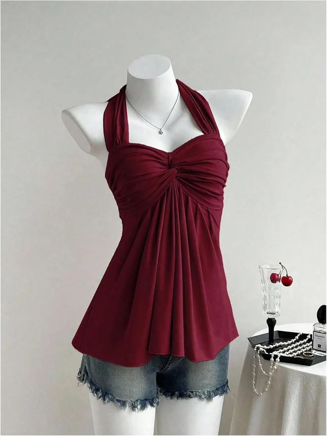 Flowy Tie Backless Halter Peplum Tops Burgundy by OYOANGLE