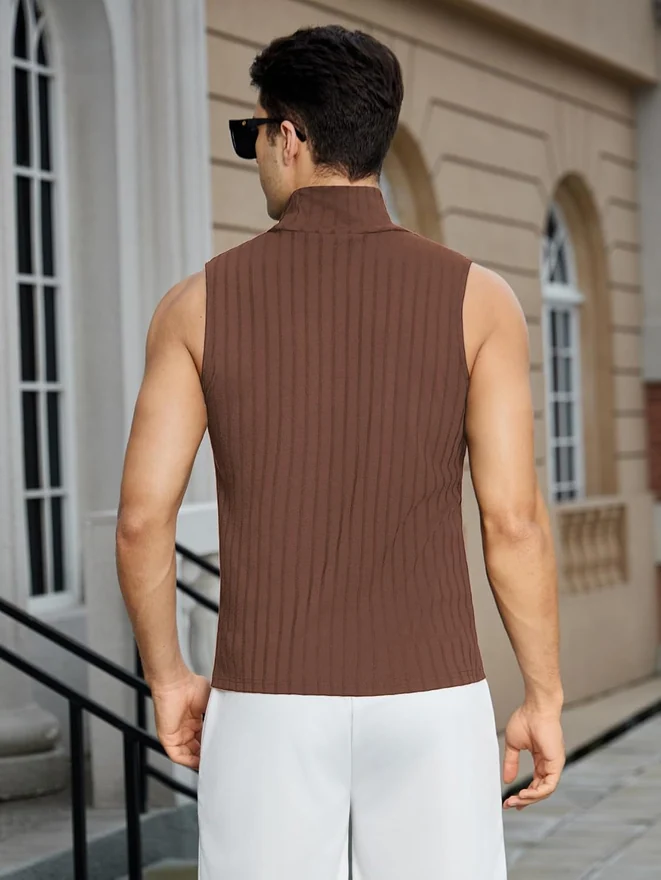 Casual Turtleneck Sleeveless Ribbed Knit Slim Fit Vest Tank Top by OYOANGLE