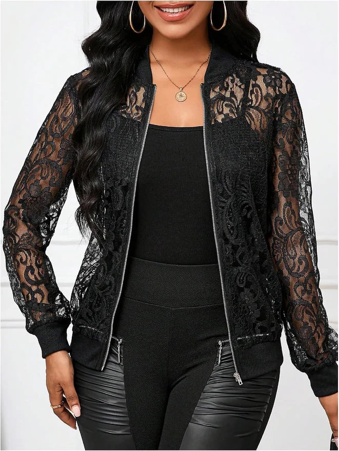 Lace Sheer Long Sleeve Bomber Jackets by OYOANGLE, photograph 4 of 4
