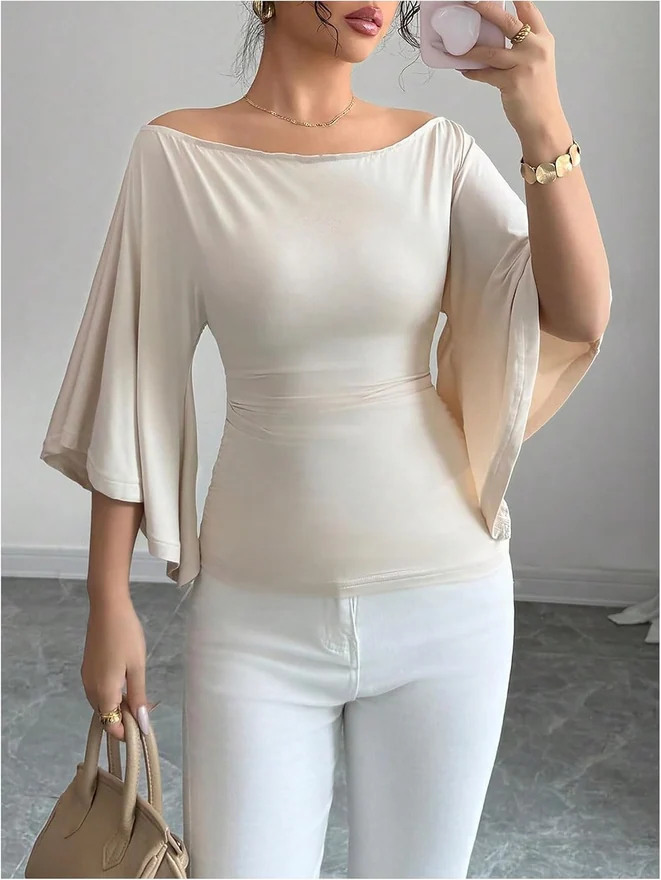 Batwing Bell Sleeve Tops Off The Shoulder T Shirts Apricot by OYOANGLE, photograph 2 of 4
