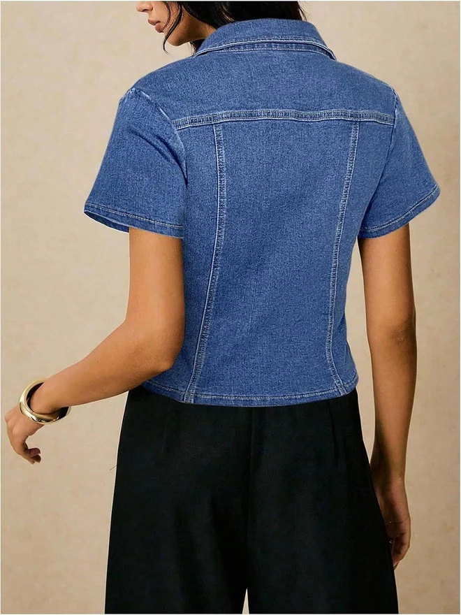 Summer Short Sleeve Button Down Denim Jackets Top Blouse by OYOANGLE, photograph 2 of 4