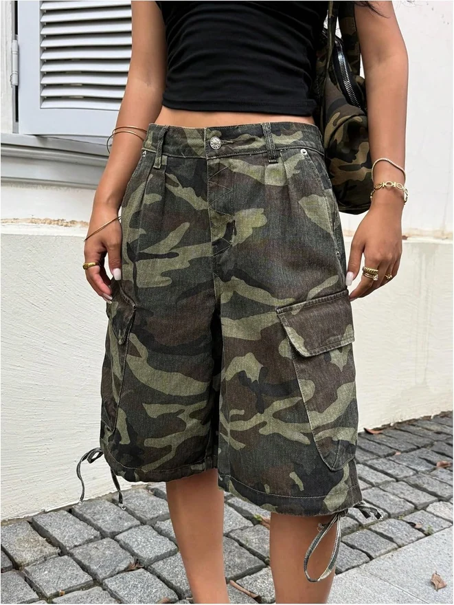 Camo Baggy Cargo Jeans Y2k Wide Leg Bermuda Denim Shorts by OYOANGLE