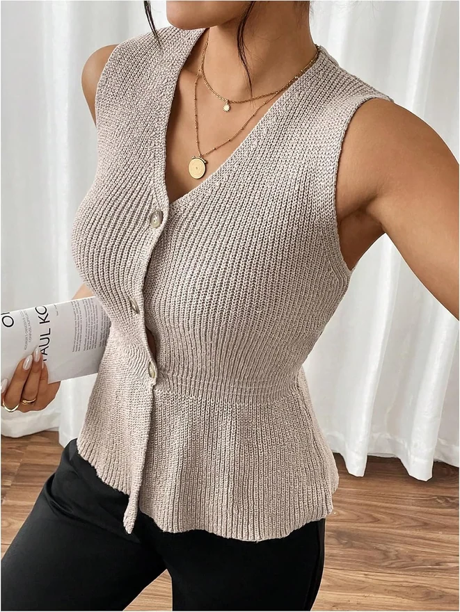 Button Up Ruffle Sweater Vest Sleeveless V Neck Peplum Knit Tank by OYOANGLE, photograph 2 of 4