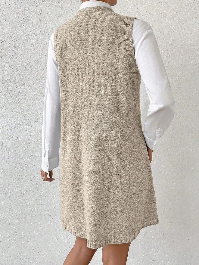 V Neck Sleeveless Basic Solid Pullover Knit Sweater Dress by OYOANGLE, photograph 3 of 4