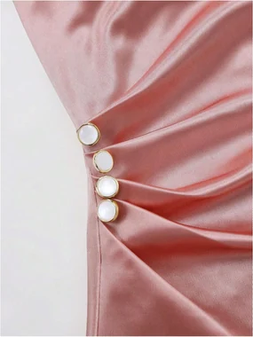 Satin Spaghetti Strap Midi Wedding Dress Elegant Cowl Neck Side in Pink