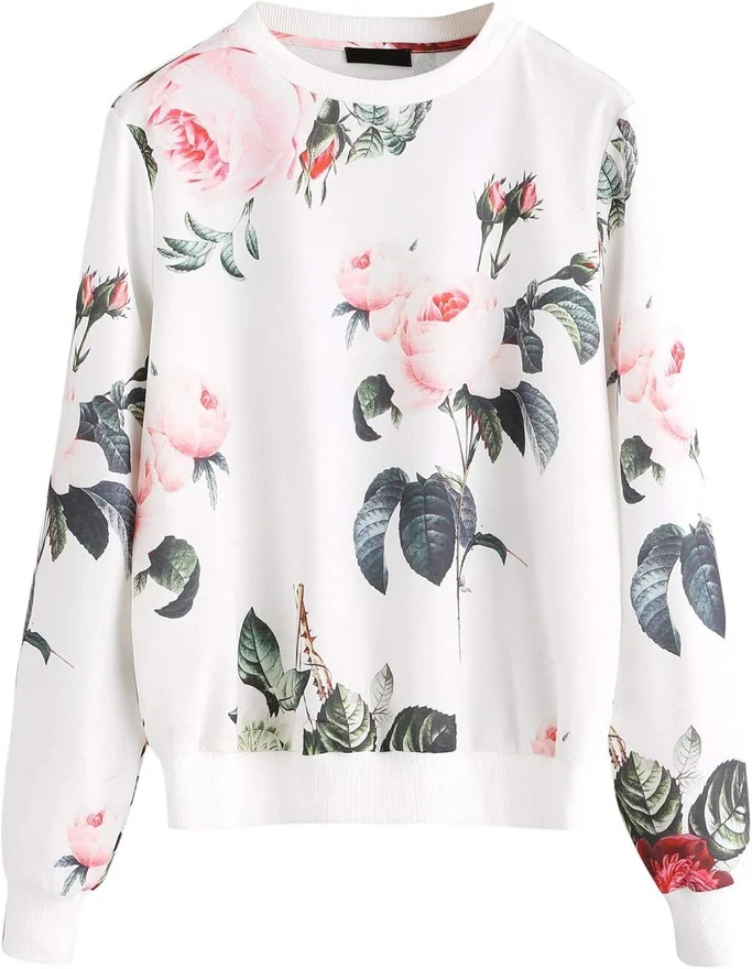Casual Flower Print Long Sleeve Round Neck Pullover White by OYOANGLE, photograph 2 of 2