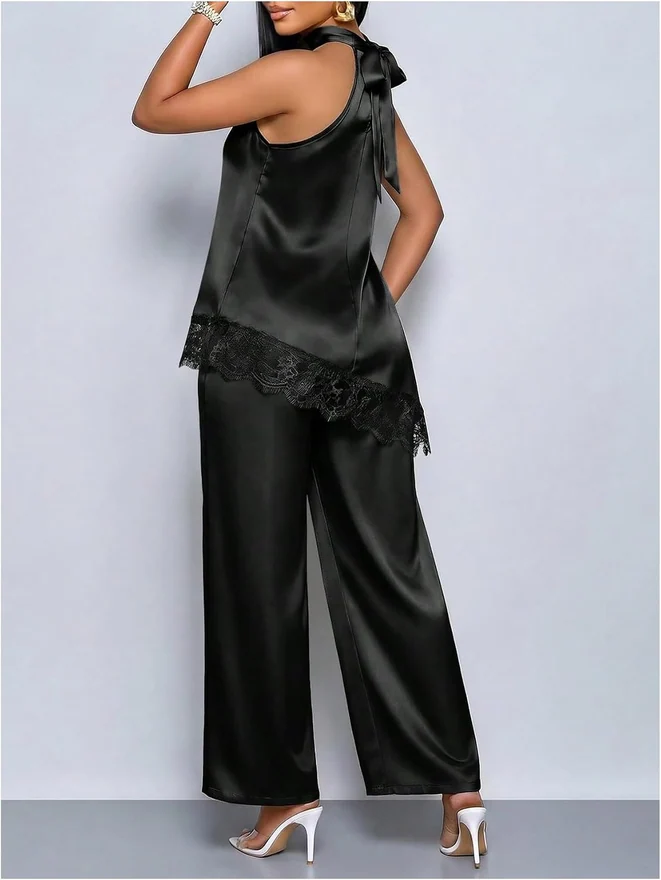2 Piece Satin Asymmetrical Lace Trim Halter Top Pants Set by OYOANGLE