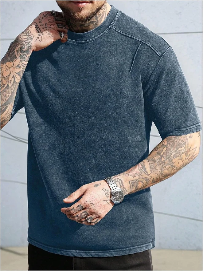 Short Sleeve Washed T Shirts Crew Neck Drop Shoulder Tee Shirt by OYOANGLE, photograph 4 of 4