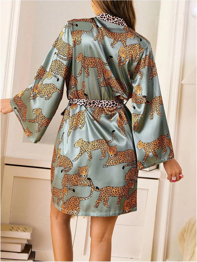 Leopard Print Long Sleeve Satin Robe Lightweight Knee Length by OYOANGLE, photograph 3 of 4