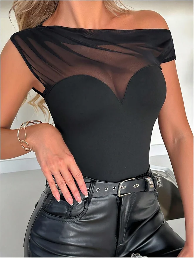 Mesh Sheer One Shoulder Bodysuit Asymmetrical Sleeveless Body by OYOANGLE, photograph 3 of 4
