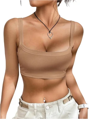 Y2K Ribbed Knit Cropped Cami Top Khaki in Khaki