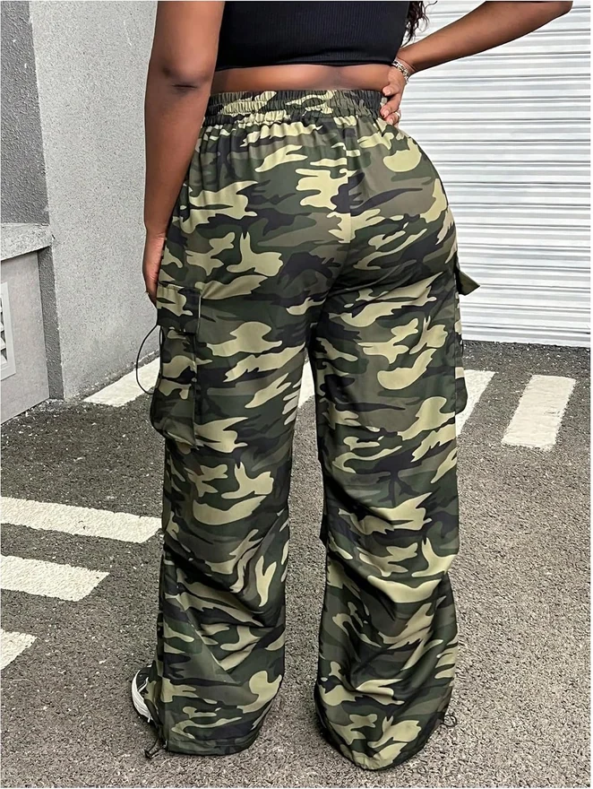 Plus Size Camo Cargo Pants Elastic Waist Wide Leg Trousers by OYOANGLE, photograph 3 of 4