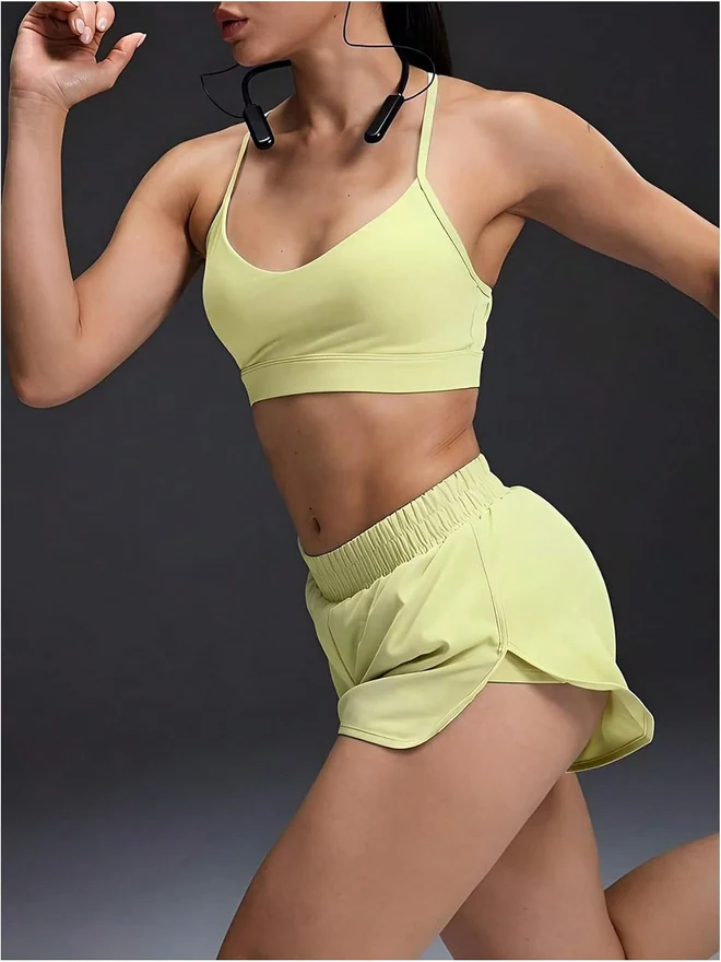 Workout Sets for Women 2 Pieces Halter Sports Bra Top and Shorts by OYOANGLE, photograph 3 of 4