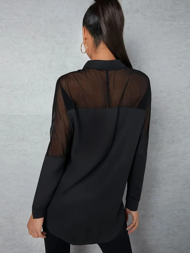 Mesh Insert Button Up Shirt Curve Hem Dressy Blouse Black by OYOANGLE, photograph 3 of 4
