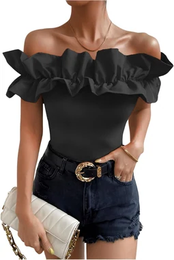 Ruffle Trim Off Shoulder Long Sleeve Blouse Party Tops Shirt in Black Solid