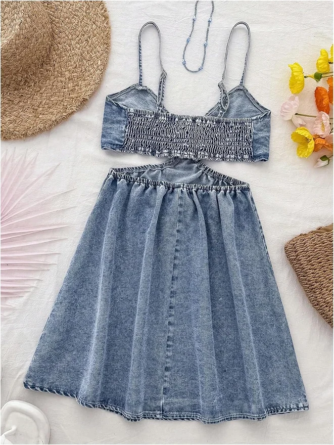 Cut Out Denim Dress Spaghetti Strap Short Jean Dresses by OYOANGLE, photograph 2 of 4